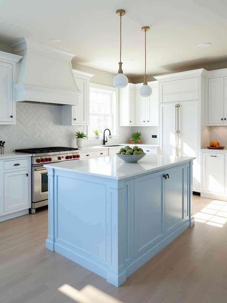 A coastal-style white kitchen featuring a calming light sky blue island with a white quartz countertop