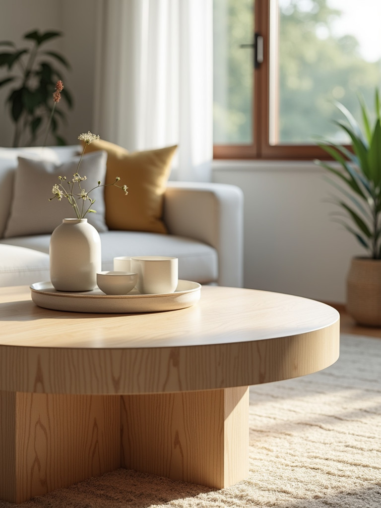A light wood coffee table with clean lines that reflects a coastal theme through color and material
