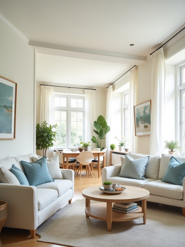 Living room featuring a light and airy color palette with soft off-white walls, blue accents and natural wood elements
