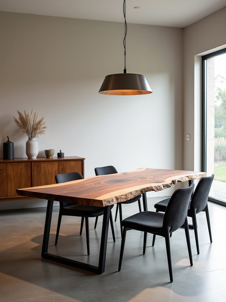 A live edge wood farmhouse table in a modern dining area.