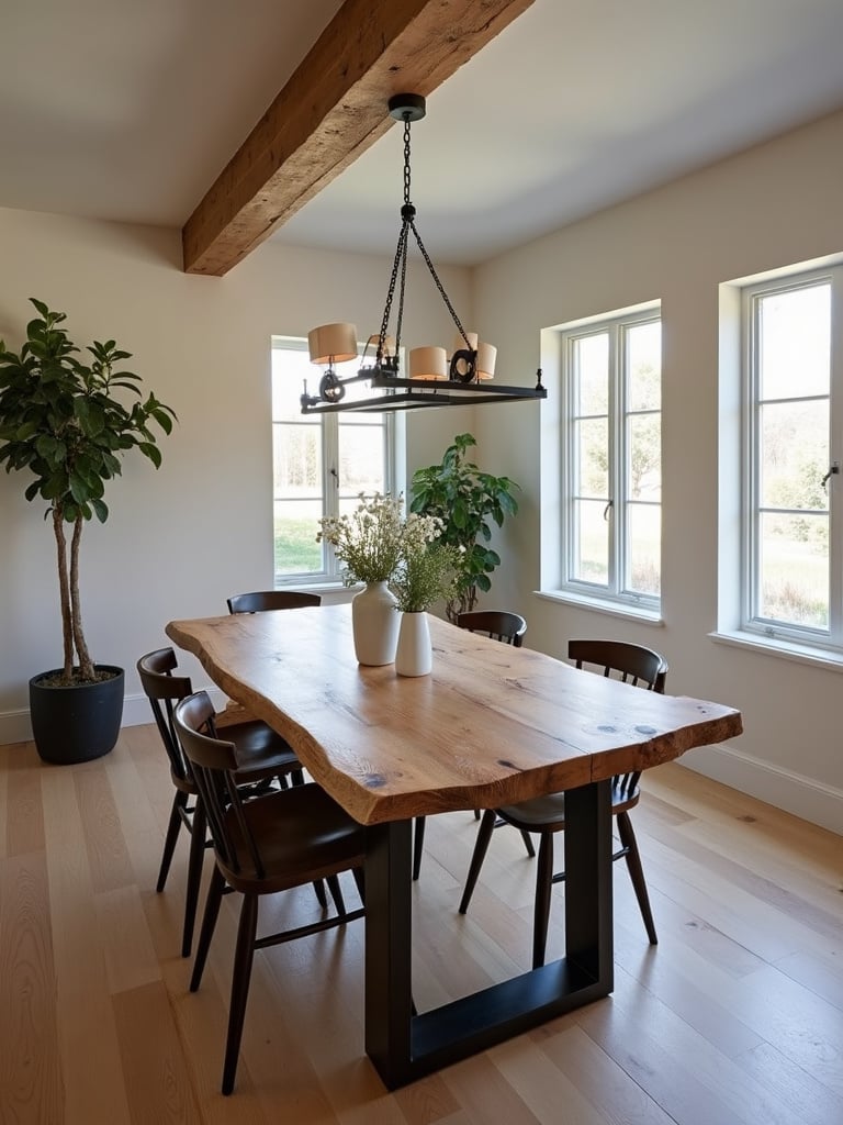 A rustic style dining space with a central live-edge wood table with metal accents.