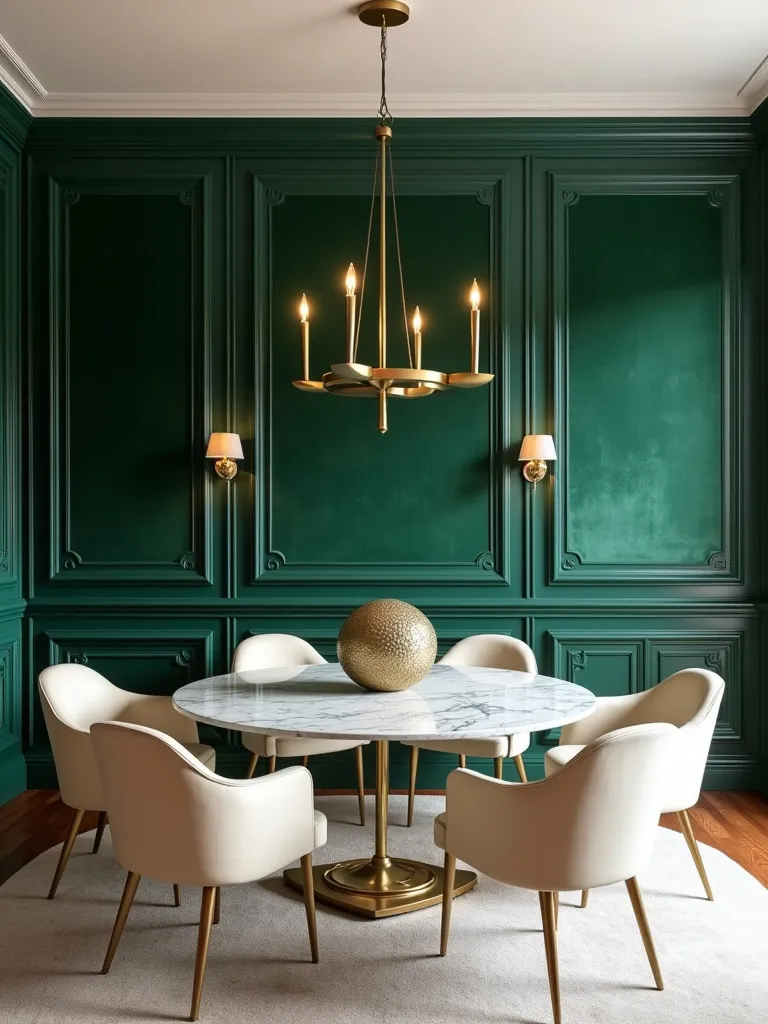 Dining room featuring a luxurious emerald green velvet paneled accent wall