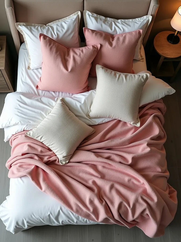 A bed with matching throw pillows and blankets in complementary colors and textures, creating a stylish and cohesive look