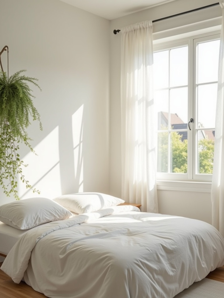 Airy bedroom bathed in natural light from large windows