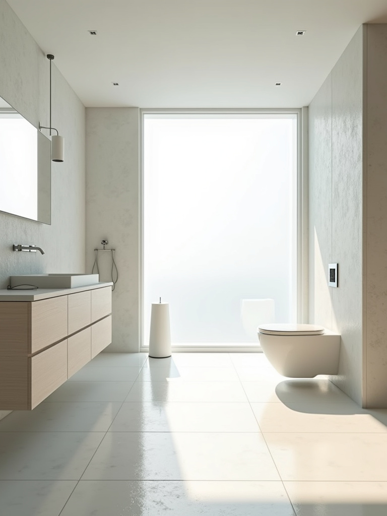 A bright modern bathroom showcasing an abundance of natural light through a large window.
