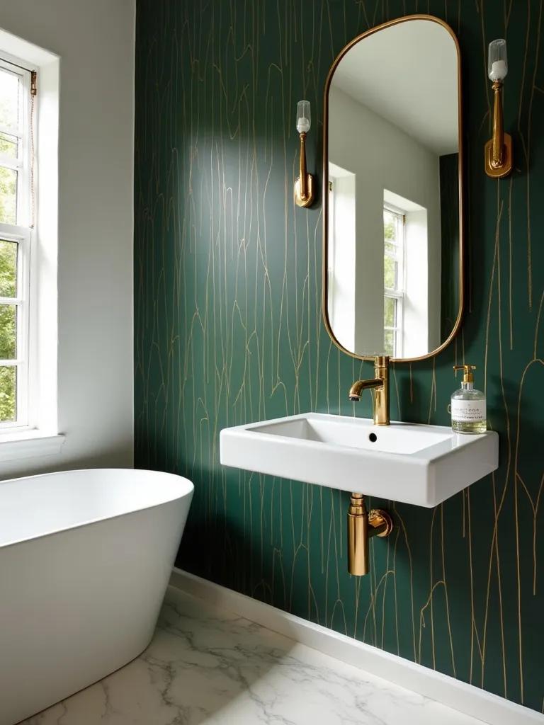 Small bathroom featuring wallpaper with gold accents.