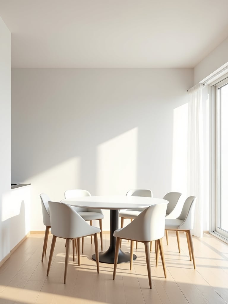 A modern dining space with all-white tones and simple light wood flooring in a clean and contemporary design.