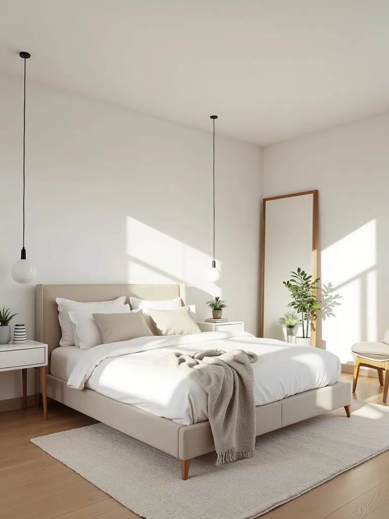 A bedroom with a minimalist design, featuring a neutral color palette, simple furniture, and a clutter-free space