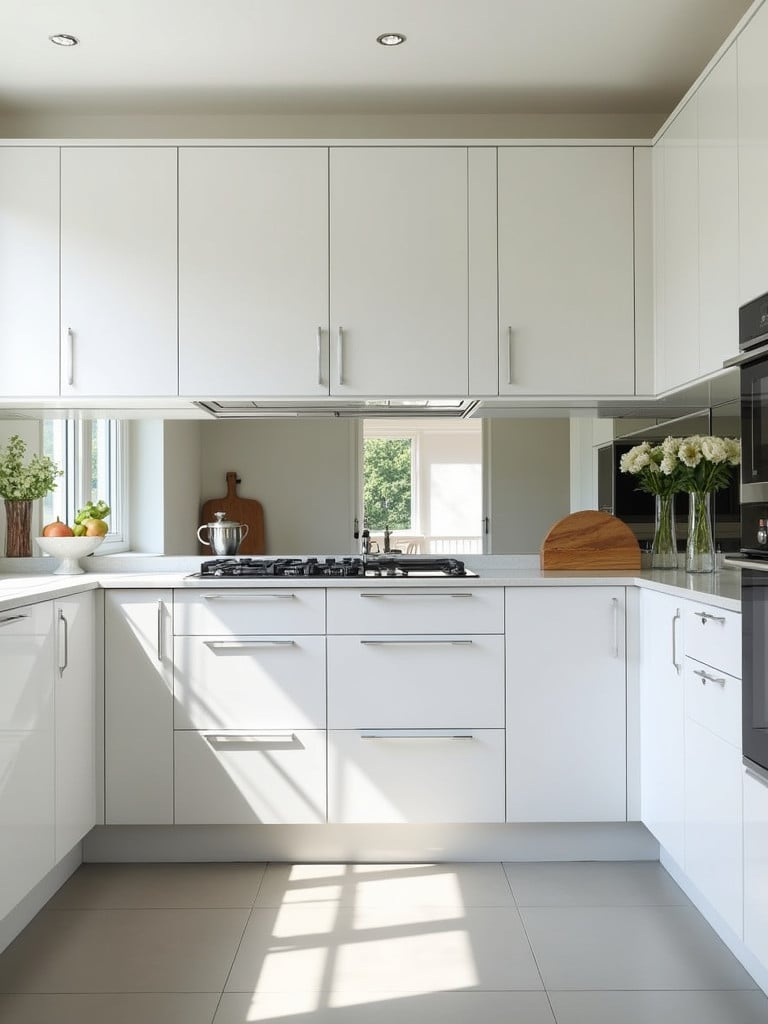 A kitchen with white cabinets and a mirrored backsplash