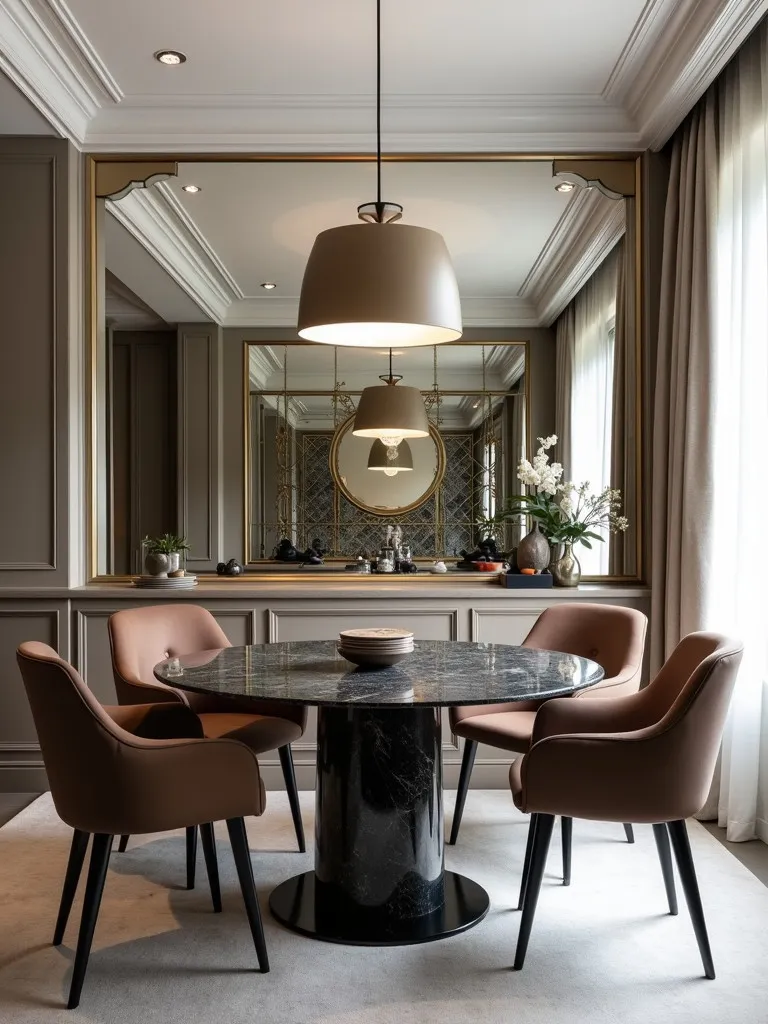 Dining room featuring mirrored tile accent wall with small square tiles