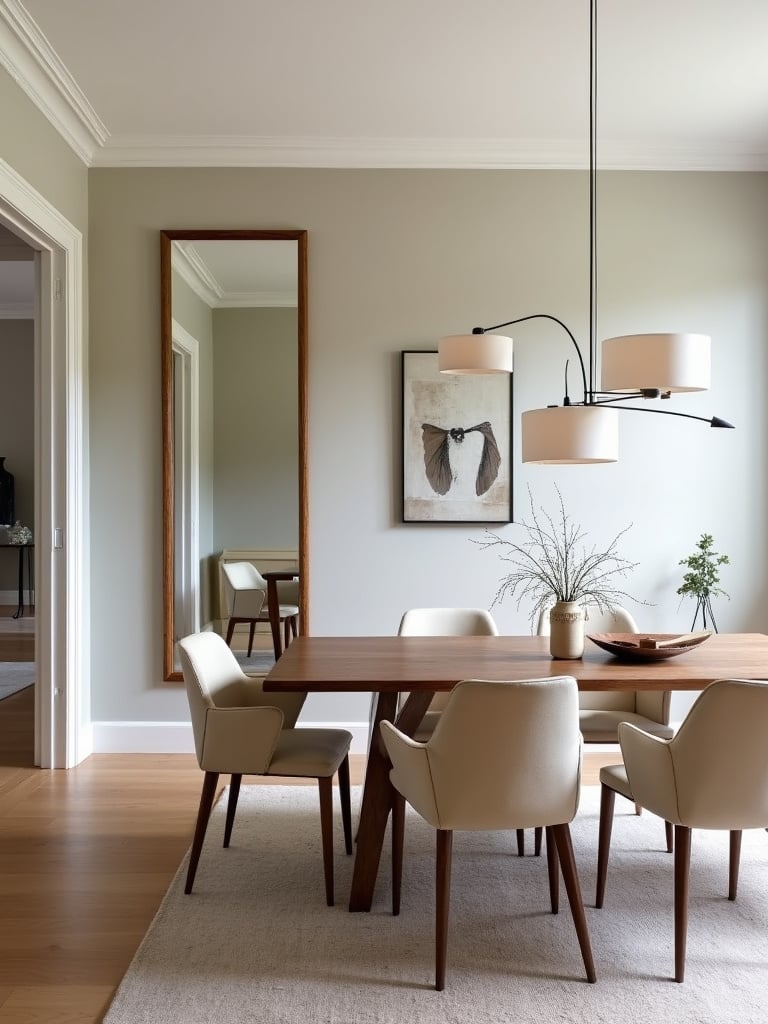A simple designed room with mirrored wall accents reflecting the rest of the room in the mirrors.