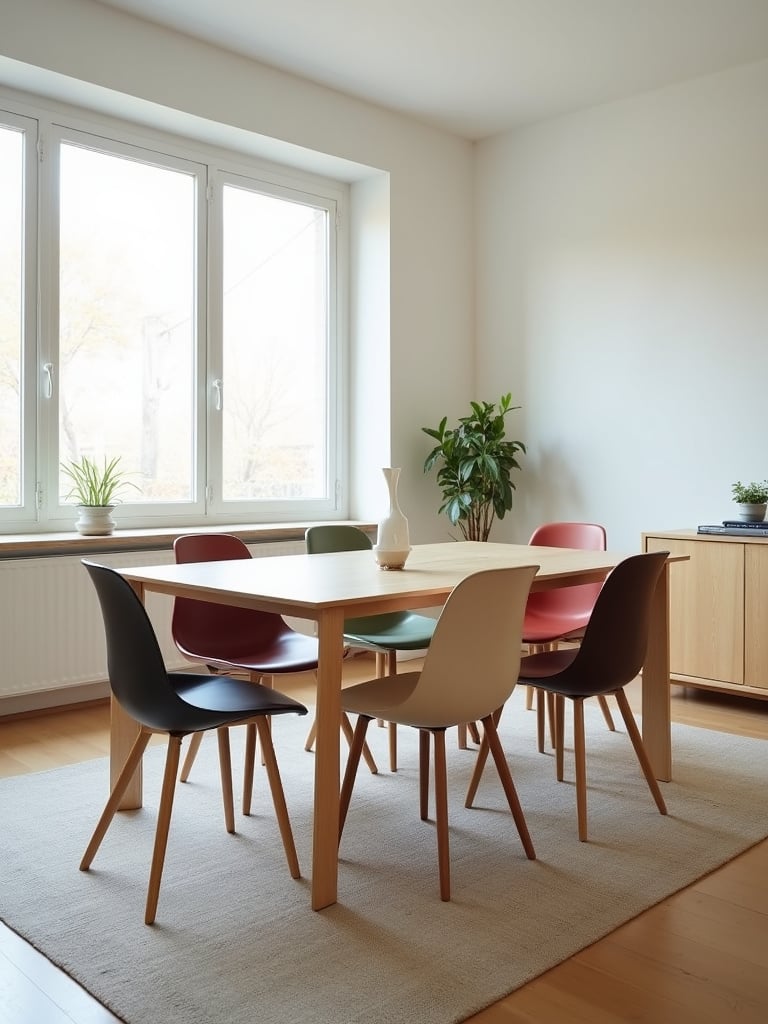 A bright dining room featuring different styles of dining chairs placed around a wood table.