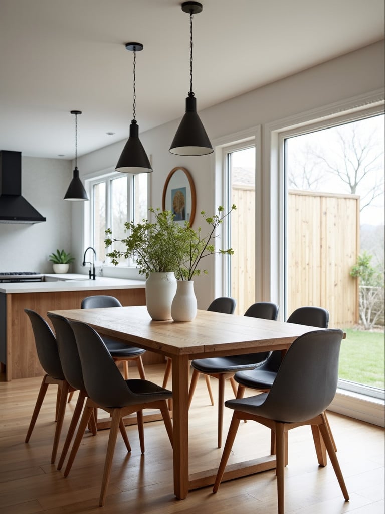 A modern farmhouse kitchen table in a large dining room.