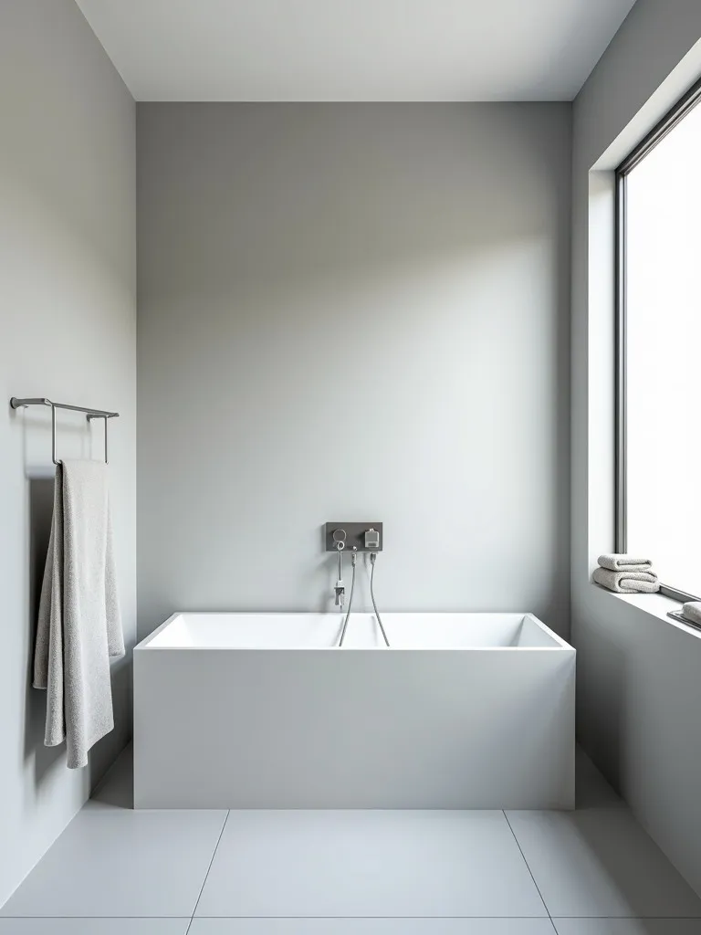 A minimalist bathroom with a sleek, rectangular tub and natural light