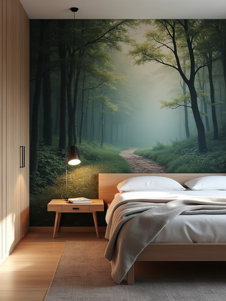 A dramatic bedroom featuring a mural-style wallpaper accent wall depicting a forest scene, complemented by minimalist furnishings and soft lighting.