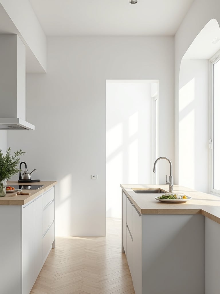 A minimalist white kitchen featuring a subtle muted light gray island with a light wood countertop
