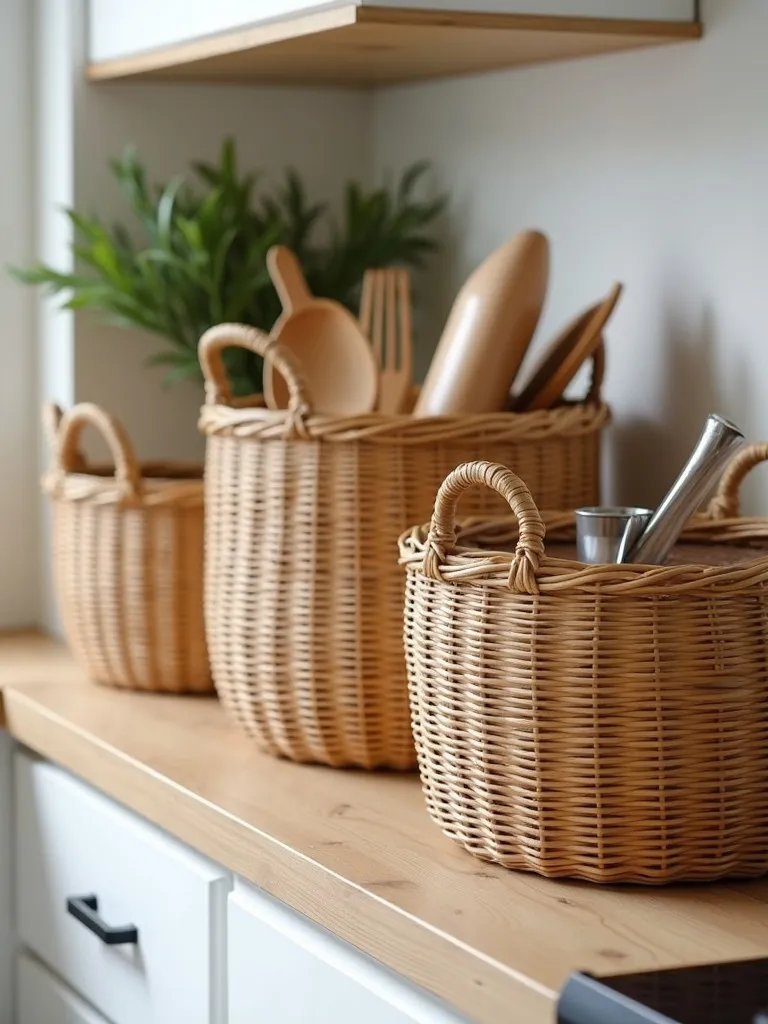A collection of natural brown woven baskets used for storage in a kitchen.