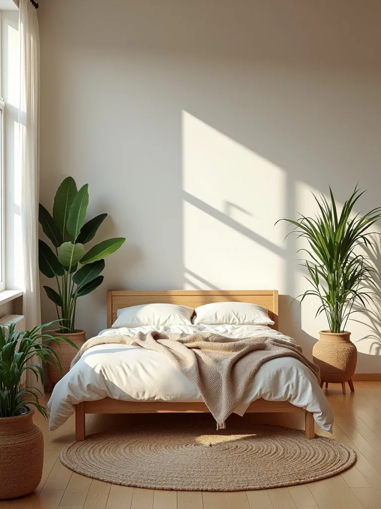 A bedroom with natural elements, including indoor plants, wooden furniture, and natural fiber textiles, creating a calming and serene space