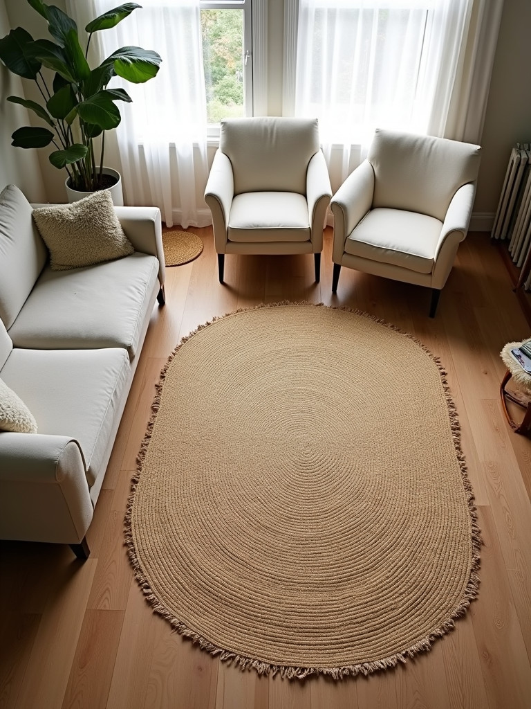 A large jute rug lays on the living room floor, textured and natural surrounded by furniture
