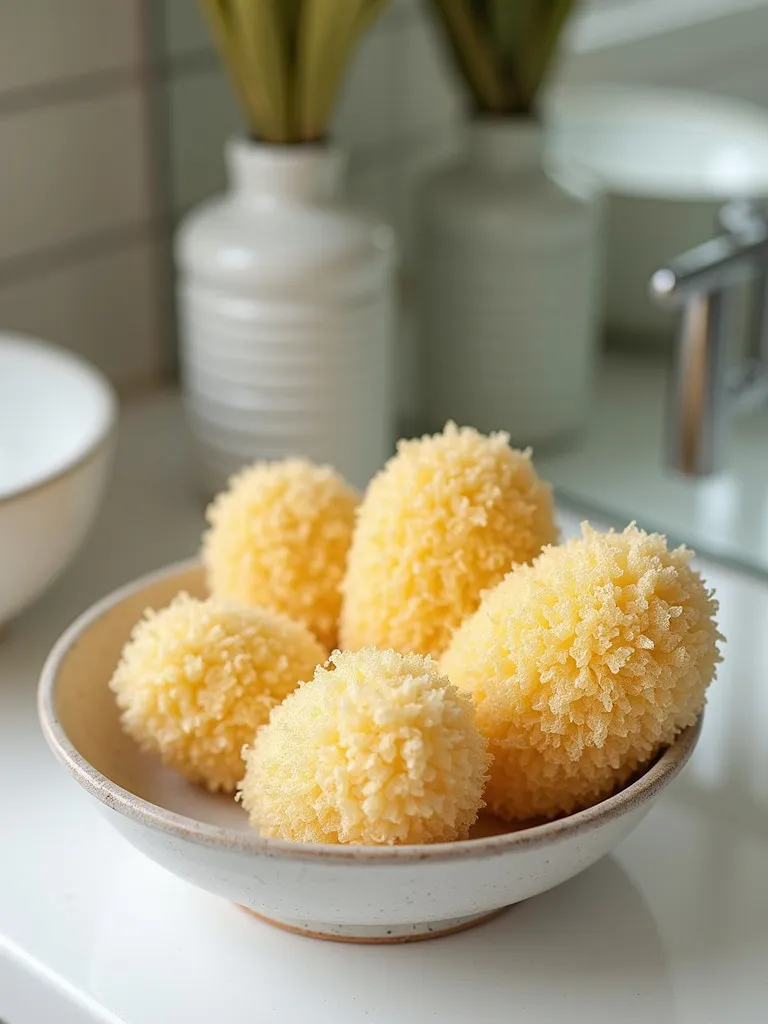 Natural sea sponges of varying sizes arranged in a small decorative ceramic dish