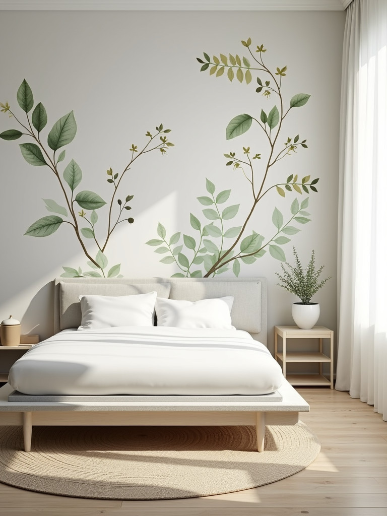 A bright bedroom featuring a nature-inspired botanical wallpaper accent wall, complemented by natural light and minimalist decor.