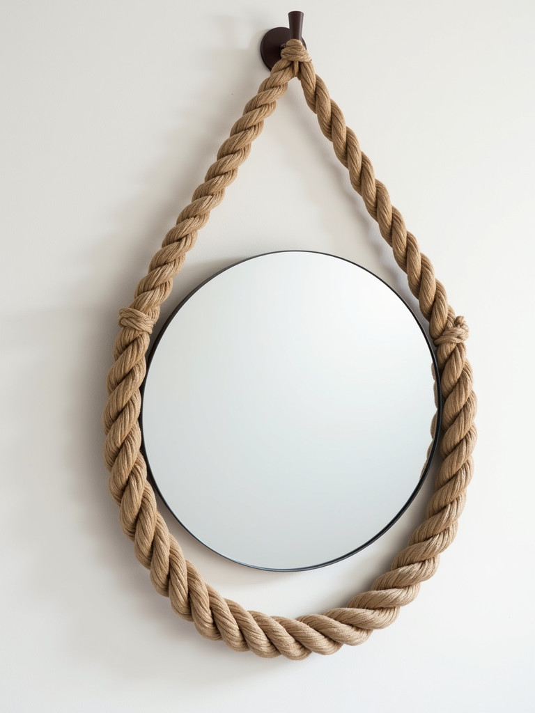 A circular mirror wrapped with thick nautical rope