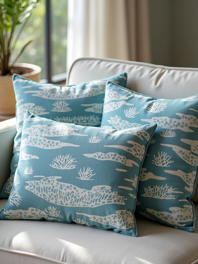 A variety of throw pillows, adorned with ocean-themed patterns for a coastal theme