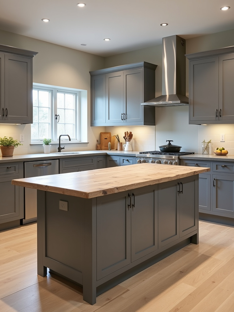 A refurbished workbench serving as a unique kitchen island with a natural wood top and gray base in a modern kitchen.
