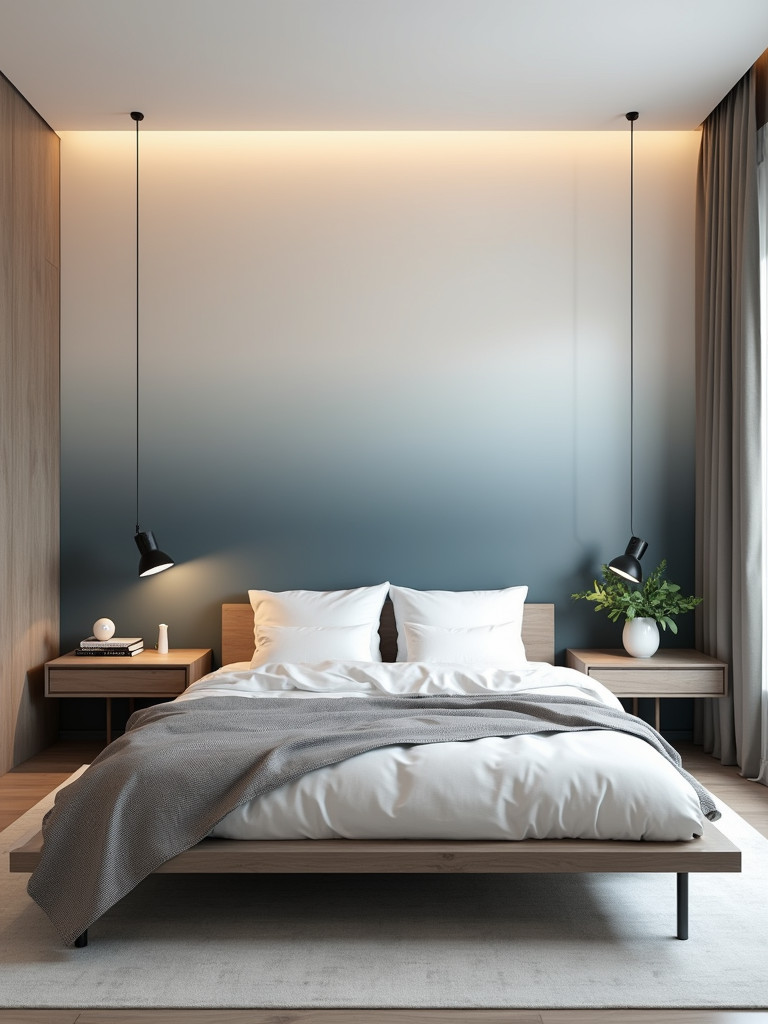 A modern bedroom featuring an ombre wallpaper accent wall, complemented by a platform bed and minimalist decor.