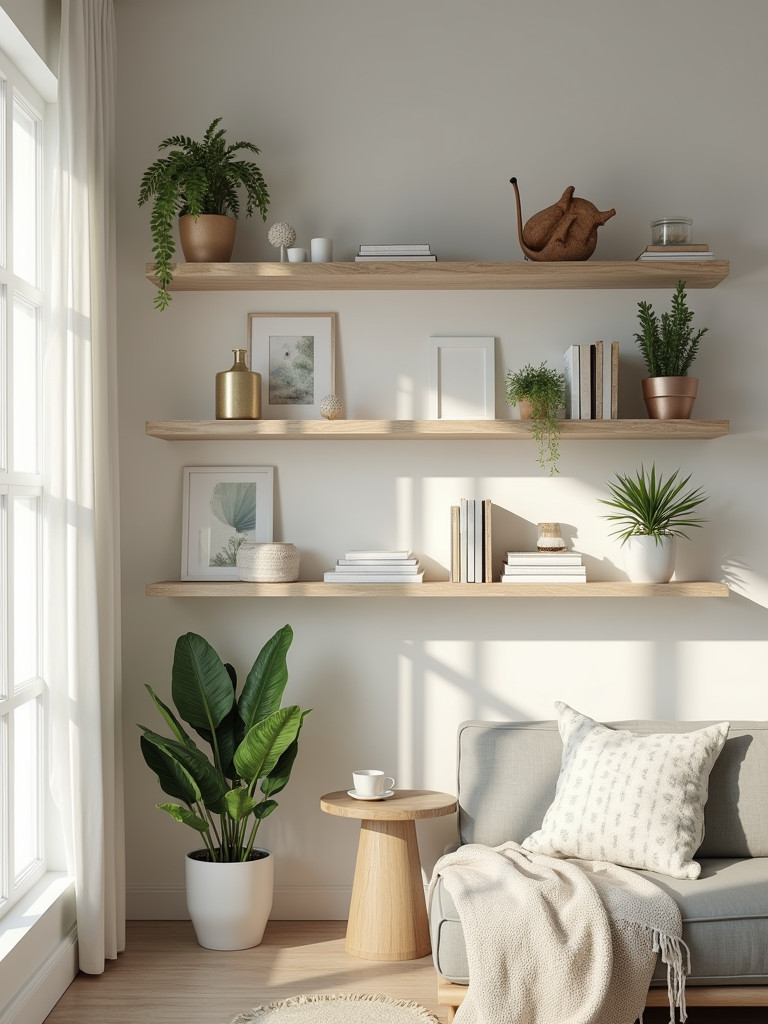 Open shelves with various books and decor in a bright coastal themed living room