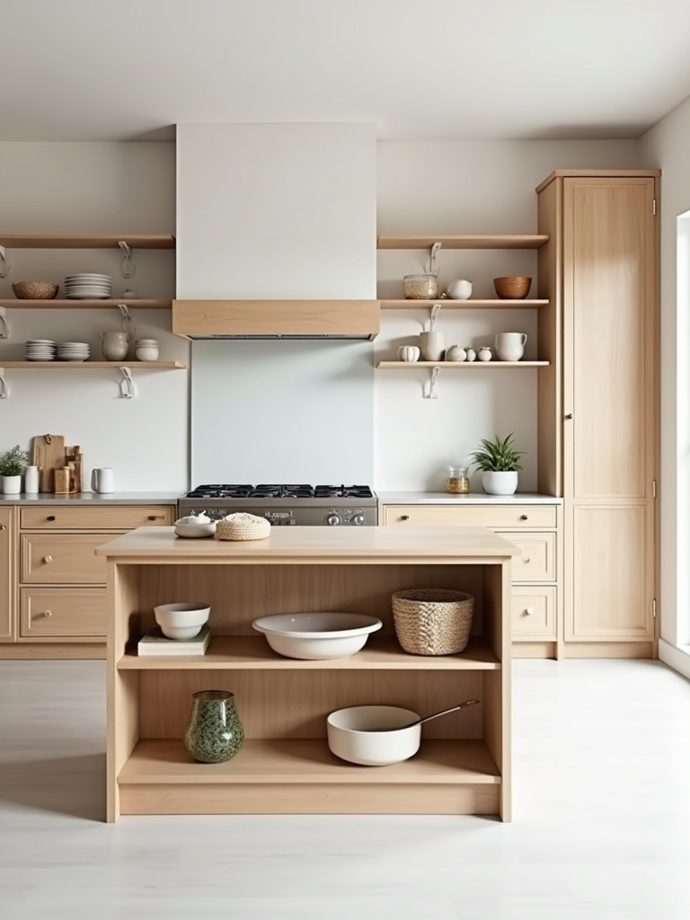 An open shelving kitchen island made of natural wood with well-styled shelving and matching wood counter in a modern minimalist kitchen with soft lighting.