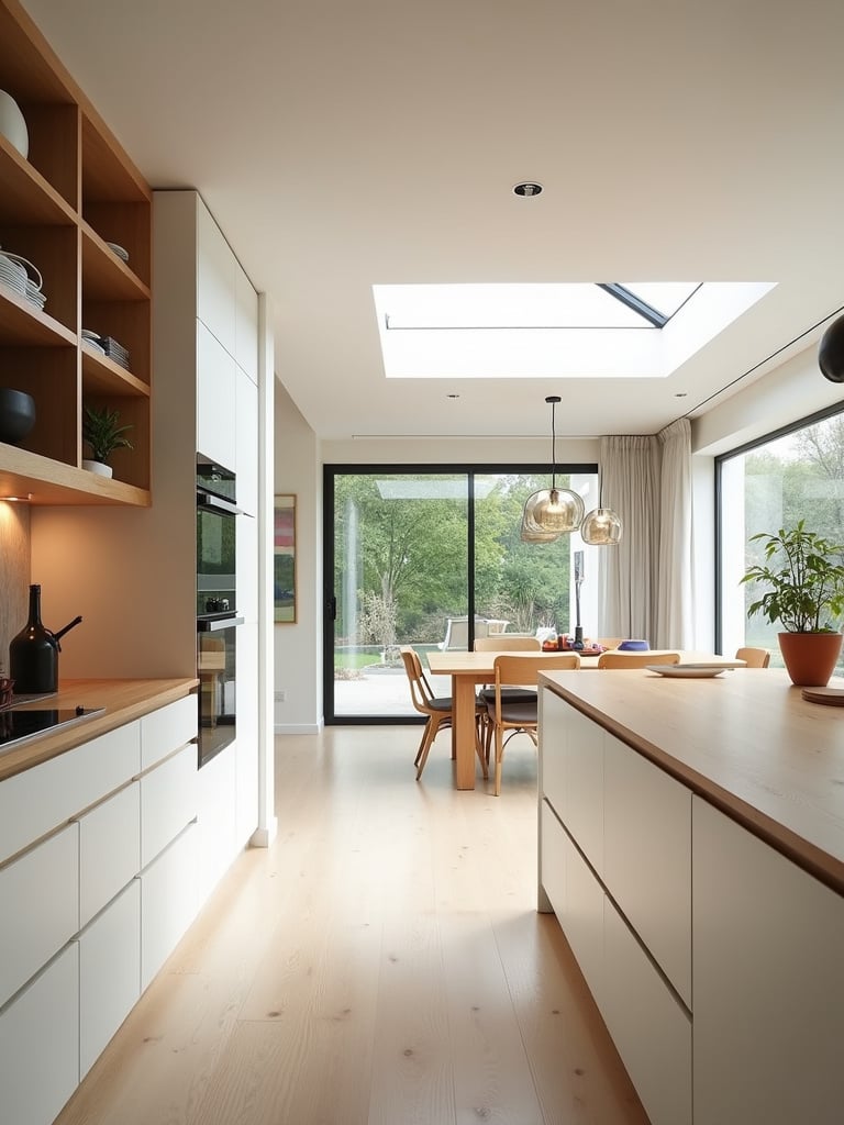 A bright open-concept kitchen with wooden countertops and open shelving on the side and a connected dining space.