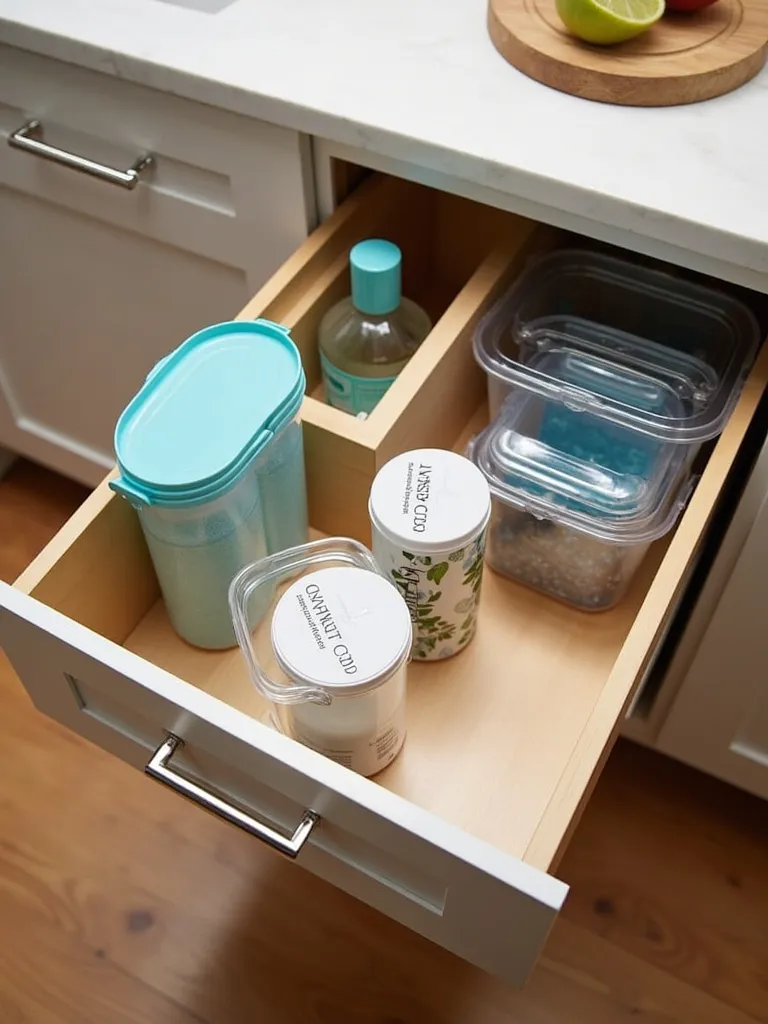 Lazy susan cabinet pulled out and filled with containers.