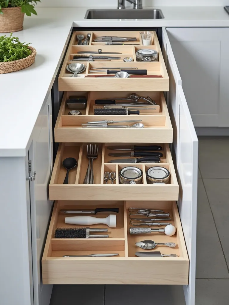 Organized kitchen drawer with custom inserts and racks