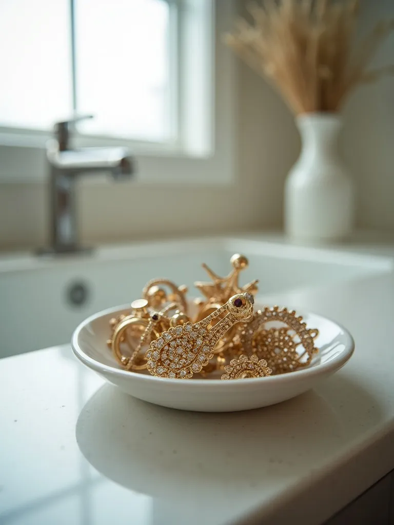 A small decorative dish on a bathroom shelf filled with an assortment of ornate hair accessories