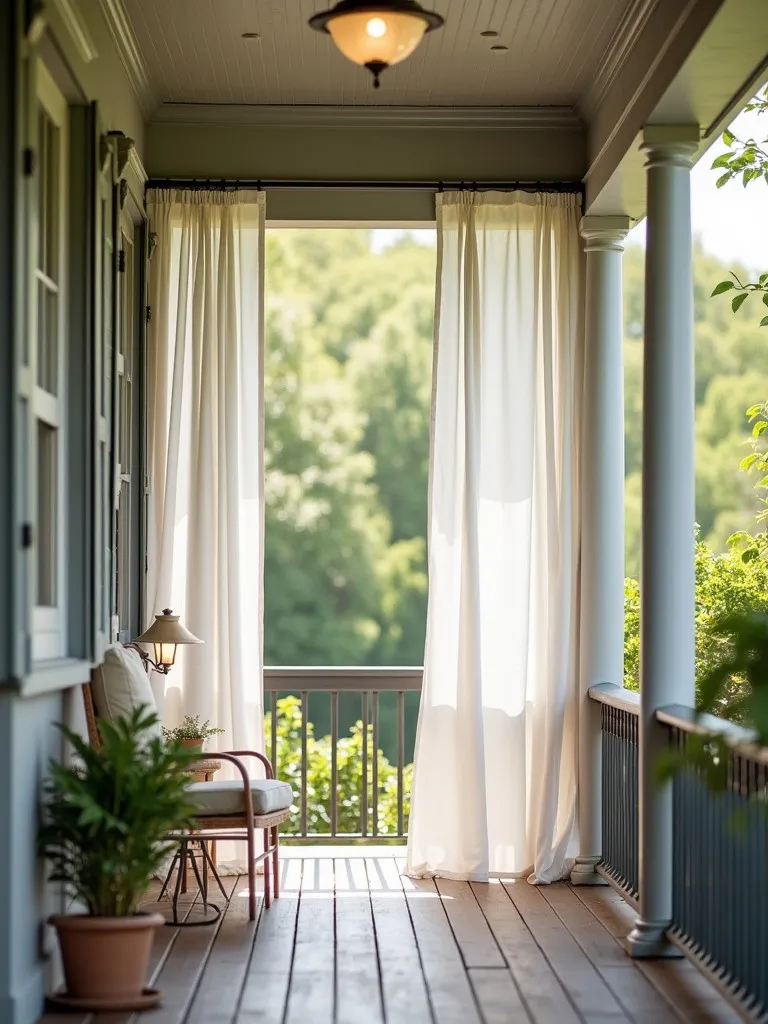 A front porch with outdoor curtains gently blowing in the breeze.