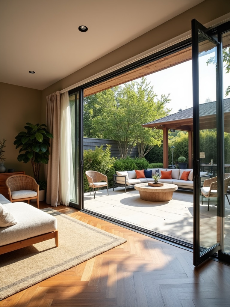 A coastal living room seamlessly connected to an outdoor patio through large sliding glass doors for an integrated space