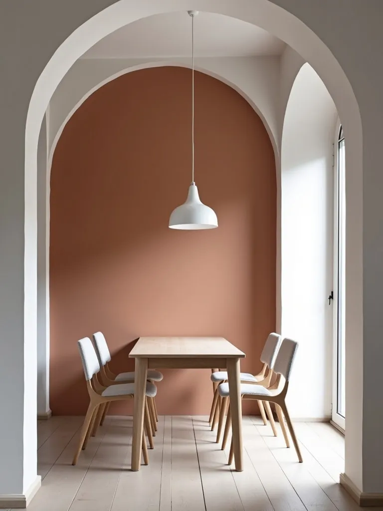Minimalist dining room with a painted archway accent wall in a muted terracotta color