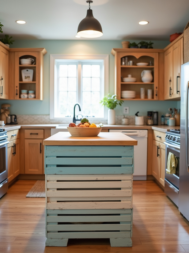 A DIY kitchen island made out of colorful pastel wood crates topped with a butcher block counter in a cozy farmhouse style kitchen.