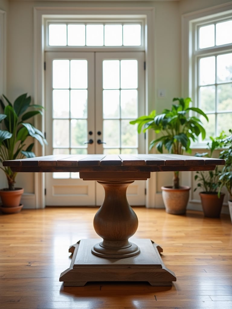 A pedestal base farmhouse table in a sunlit kitchen
