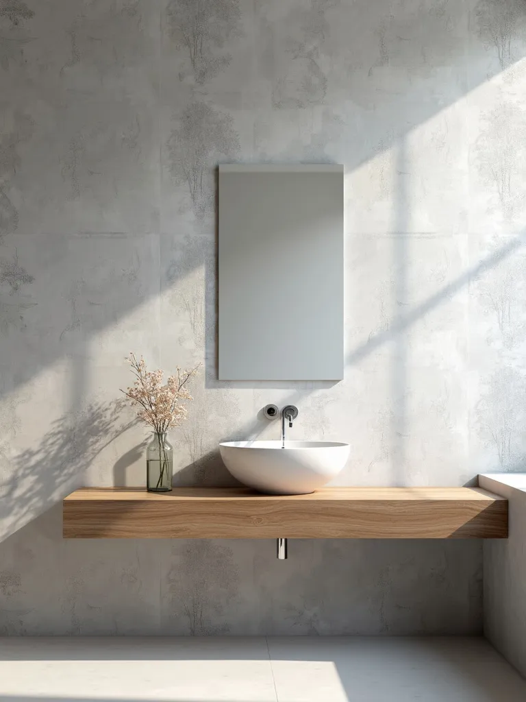 Easy-to-apply grey peel and stick wallpaper in a bathroom.