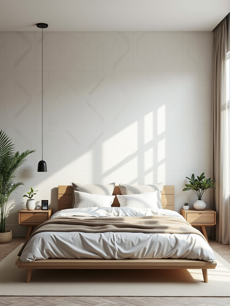 A modern bedroom featuring a peel-and-stick wallpaper accent wall with a subtle geometric pattern, complemented by a platform bed and natural lighting.