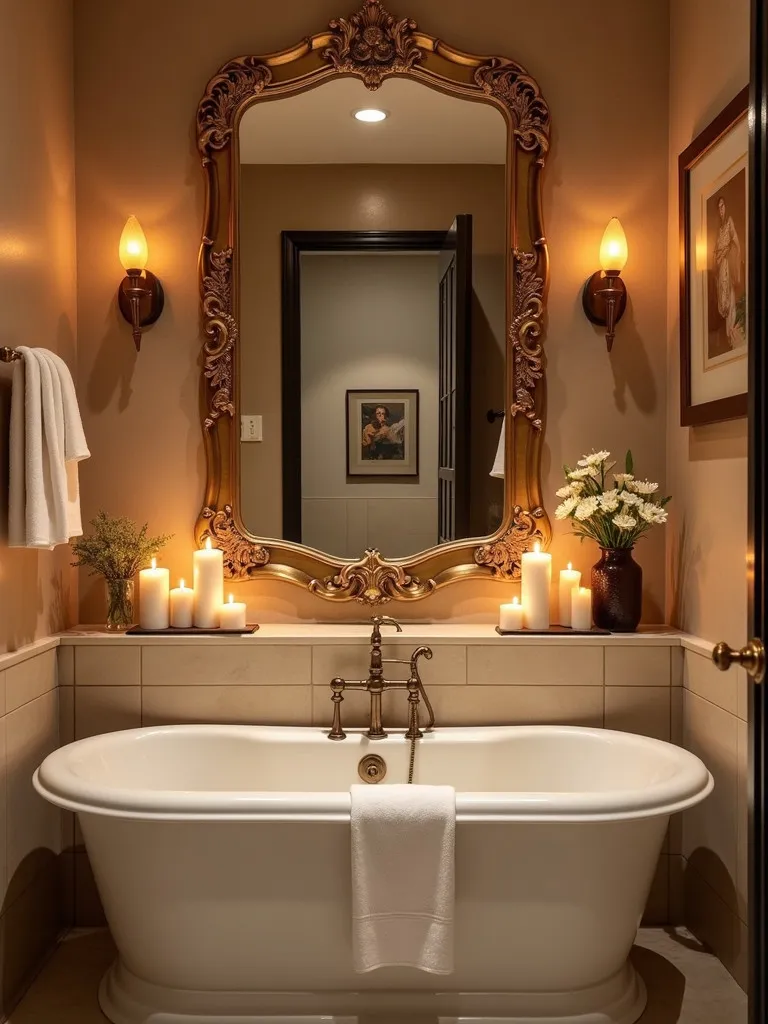 A personalized bathroom with decorative items and warm lighting