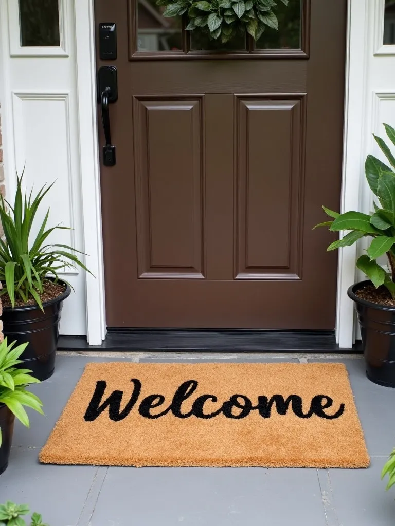 A front door with a personalized welcome mat in front.