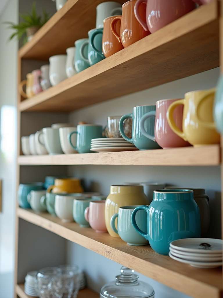 Well-organized kitchen shelves with personalized mugs adding color and character.