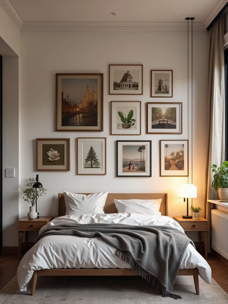 A bedroom with a personalized gallery wall featuring a mix of family photos, paintings, and framed prints