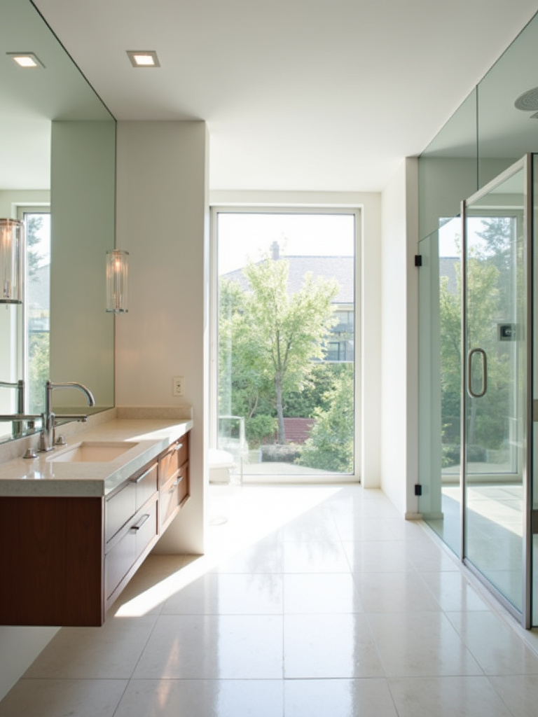 A modern, well-lit bathroom with a floating vanity and walk-in shower.