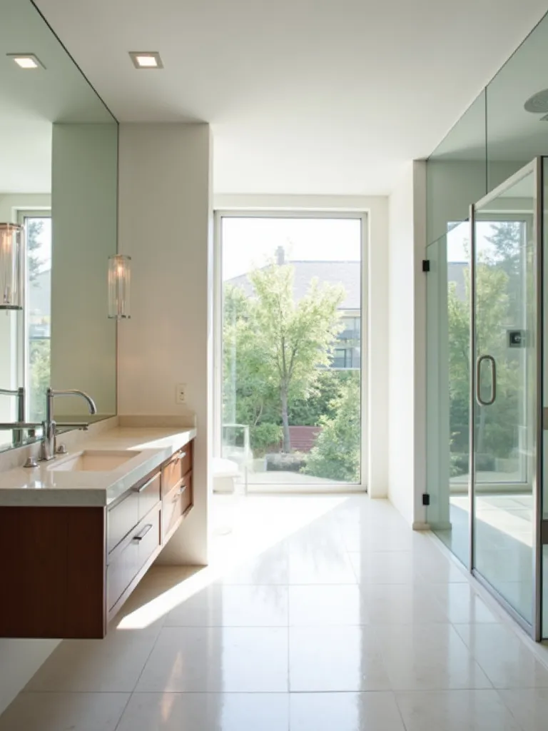 A modern, well-lit bathroom with a floating vanity and walk-in shower.