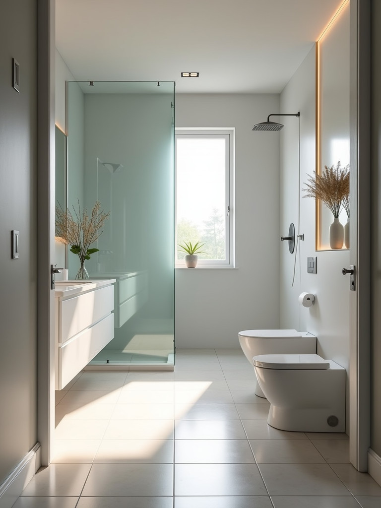 Modern bathroom with a smart layout featuring a shower, double vanity, and toilet