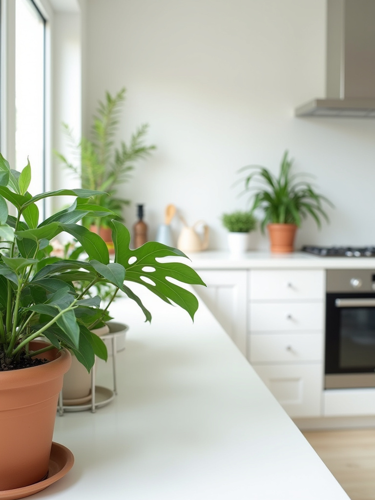 A modern kitchen decorated with potted plants bringing the outdoors in.